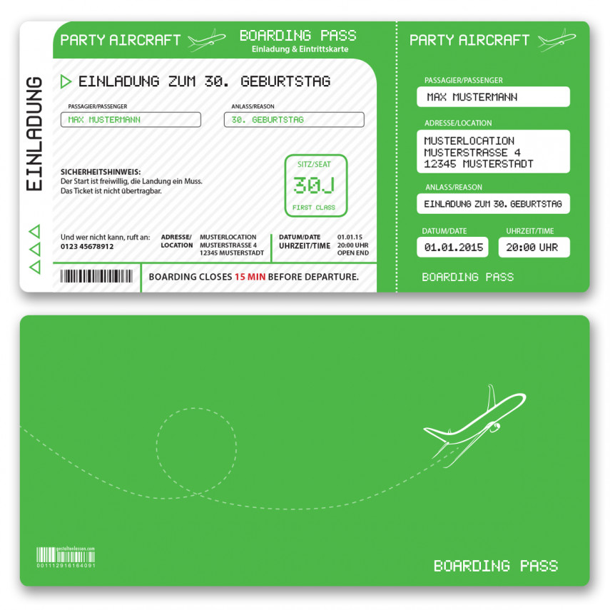 Einladungskarten als Flugticket - Grün